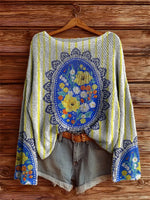 Women's Striped Floral Tattoo Pattern Art Print Casual Pullover Sweater