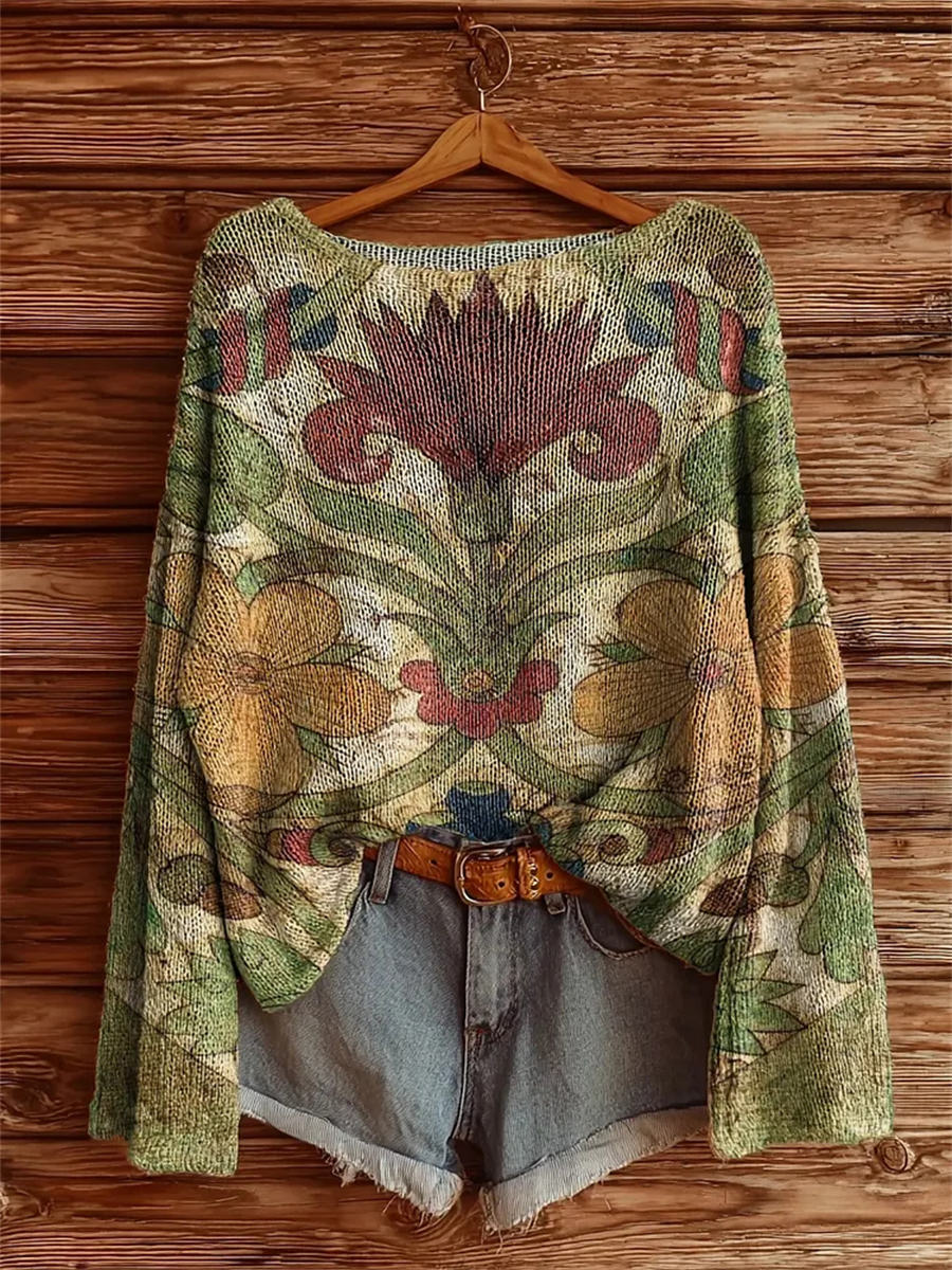 Women's Retro Ethnic Flowers Print Casual Pullover Sweater