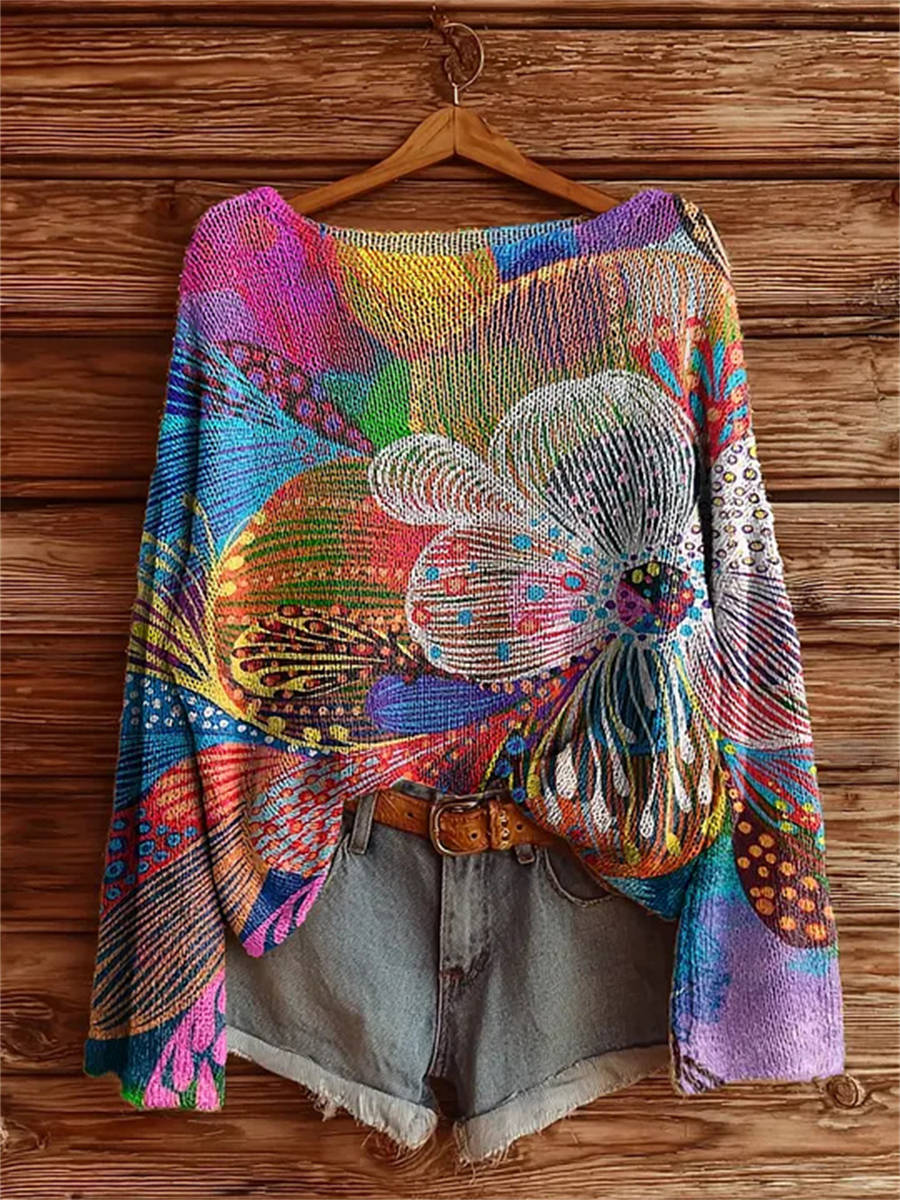 Women's Colorful Floral Art Print Casual Pullover Sweater
