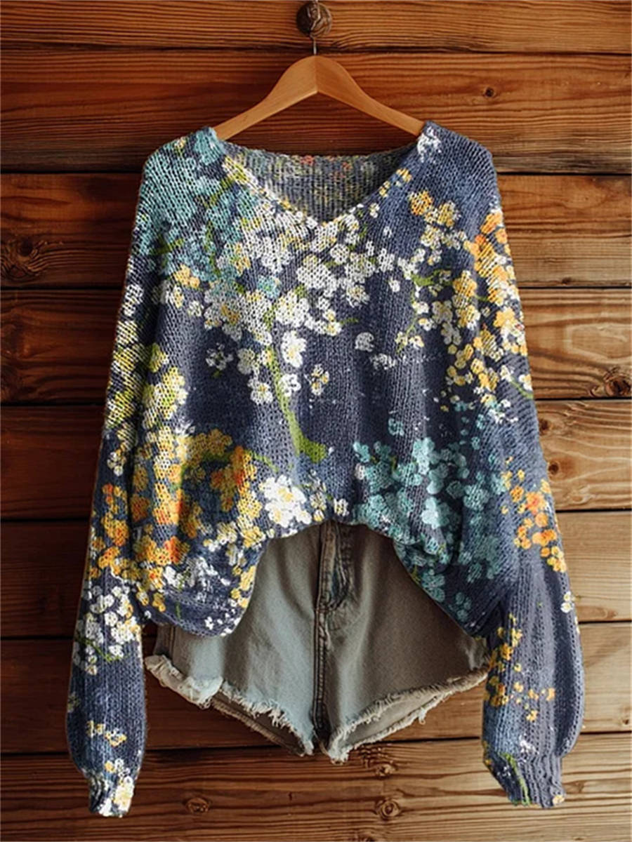 Women's Retro Flowers Print Casual V Neck Pullover Sweater