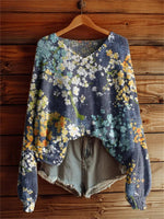 Women's Retro Flowers Print Casual V Neck Pullover Sweater