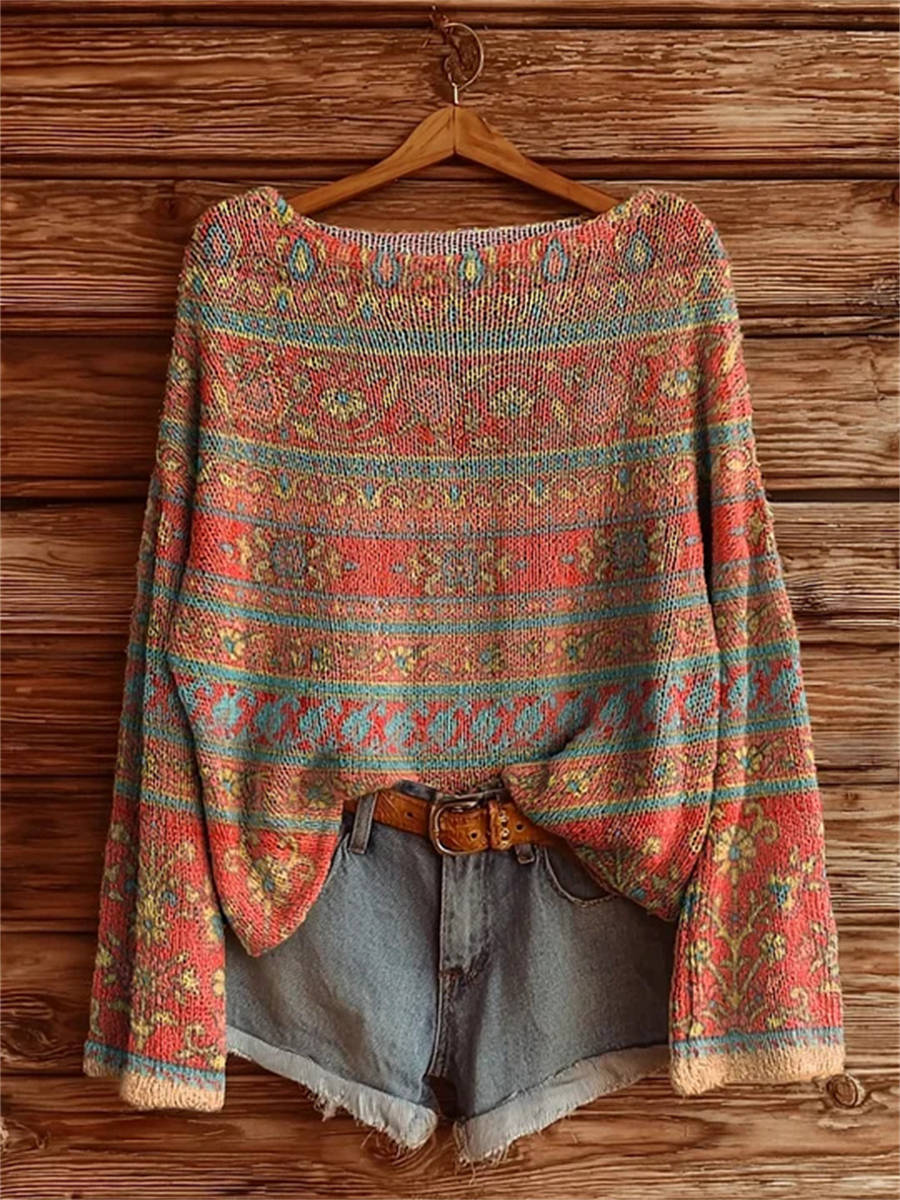 Women's Vintage Ethnic Floral Collage Art Print Casual Pullover Sweater