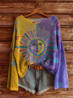Women's Color Clash Face Sun Tattoo Pattern Art Print Casual Pullover Sweater