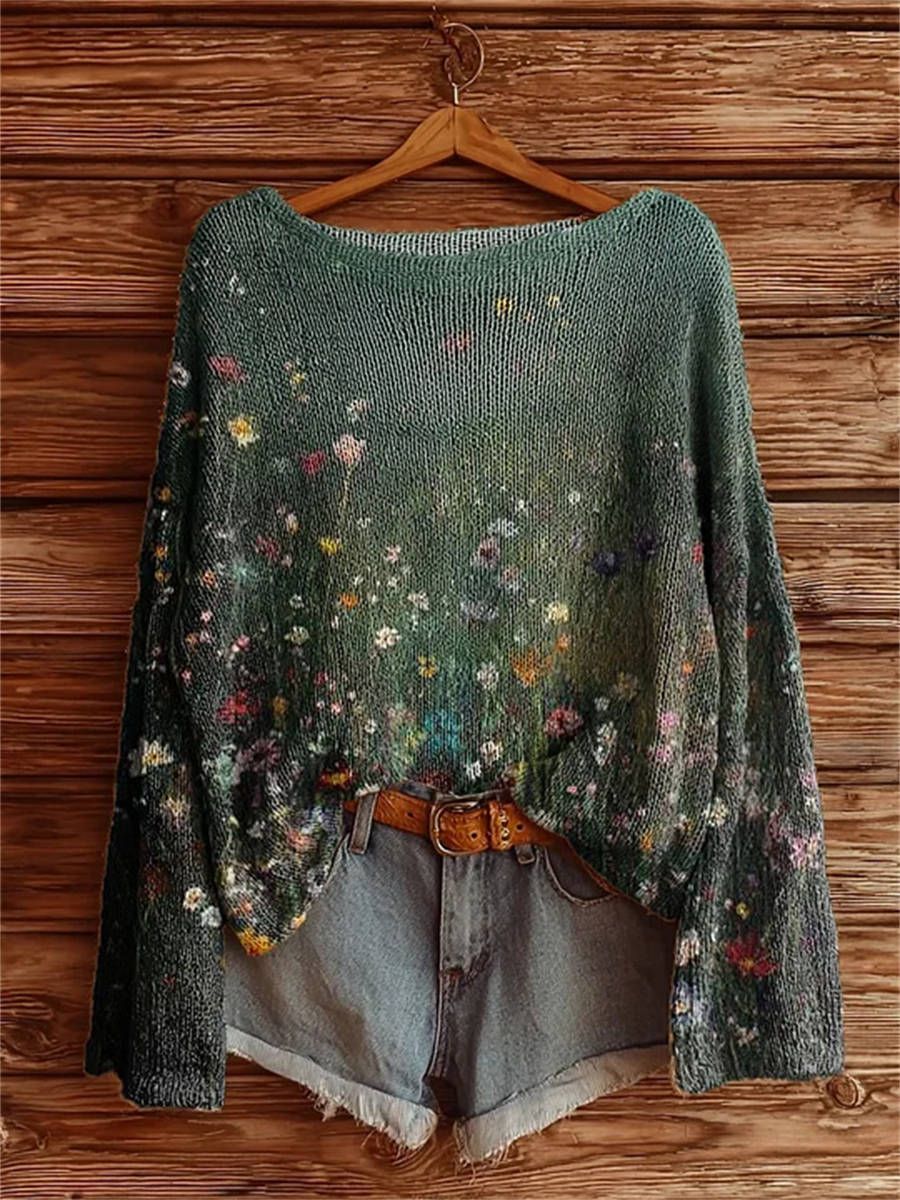 Women's Vintage Floral Art Print Casual Pullover Sweater