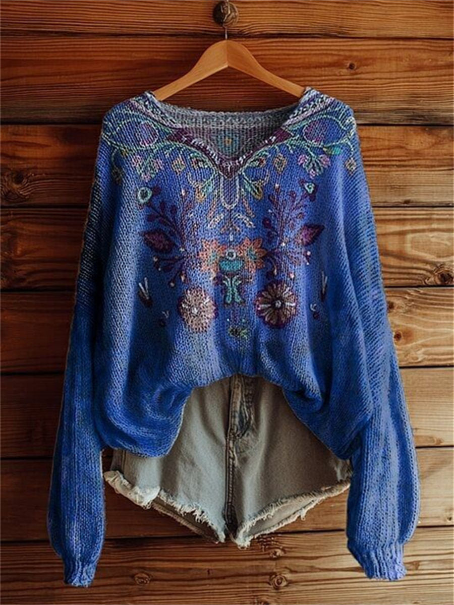 Women's Vintage Floral Tattoo Pattern Art Print Casual Pullover Sweater