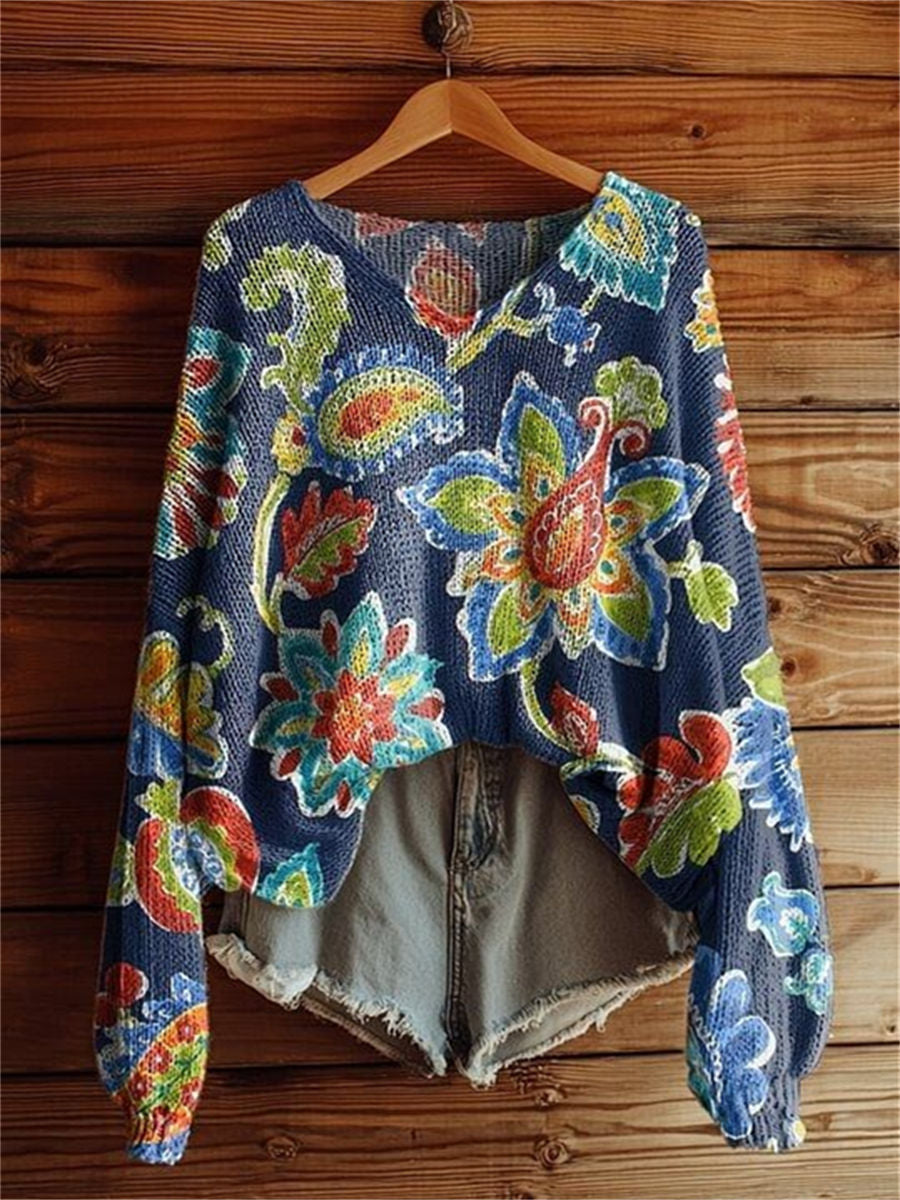 Women's Folk Flowers Print Casual V Neck Pullover Sweater
