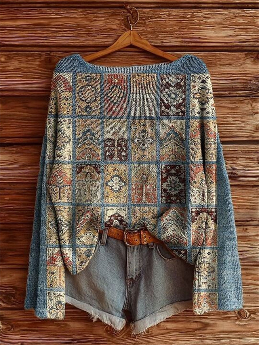Women's Vintage Ethnic Tattoo Pattern Art Print Casual Pullover Sweater
