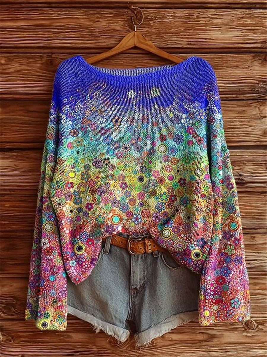 Women's Colorful Floral Art Print Casual Pullover Sweater