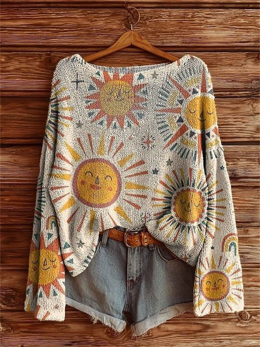 Women's Hippie Sunfloral Art Print Casual Pullover Sweater