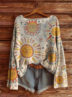 Women's Hippie Sunfloral Art Print Casual Pullover Sweater