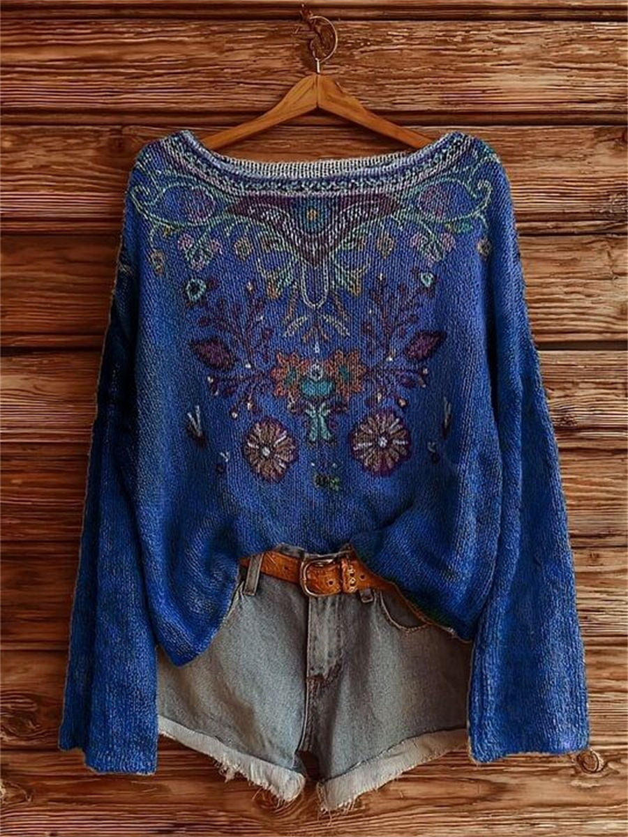 Women's Vintage Ethnic Floral Tattoo Pattern Art Print Casual Pullover Sweater