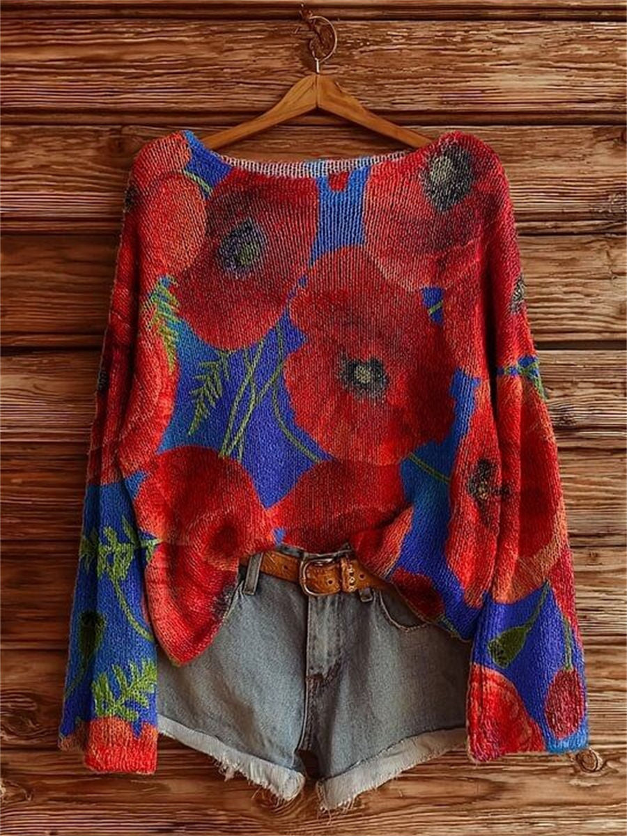 Women's Floral Art Pattern Print Casual Pullover Sweater