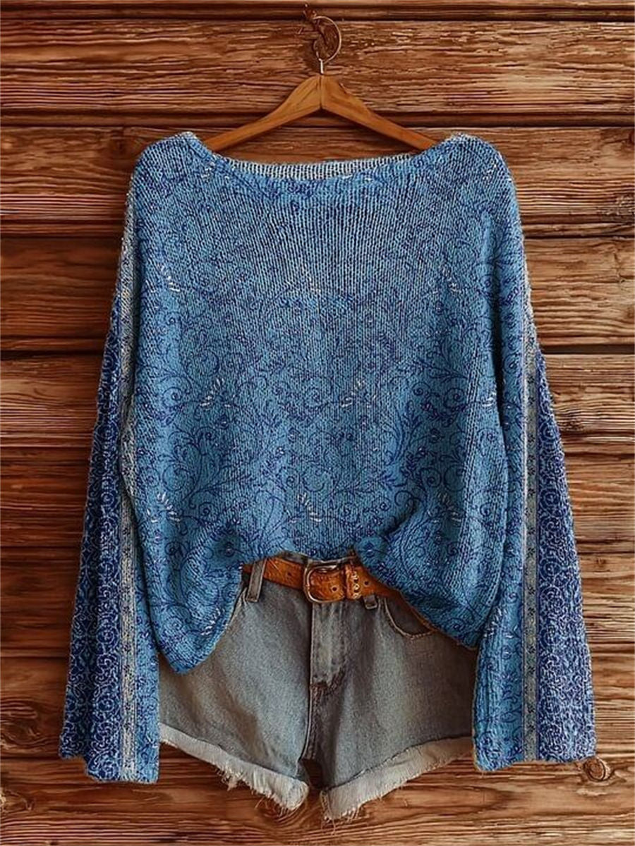 Women's Vintage Ethnic Floral Art Print Casual Pullover Sweater