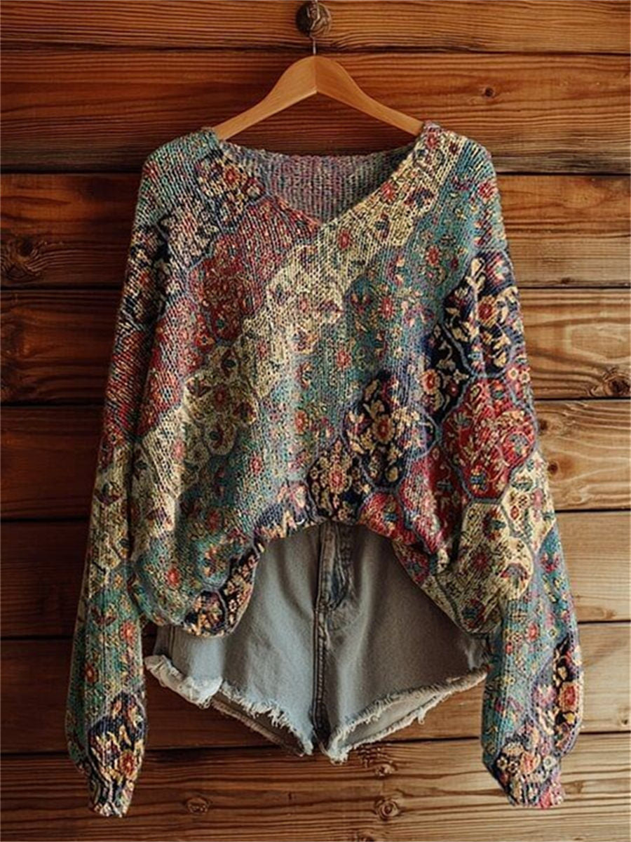 Women's Retro Ethnic Totem Collage Art Pattern Print Casual V Neck Pullover Sweater