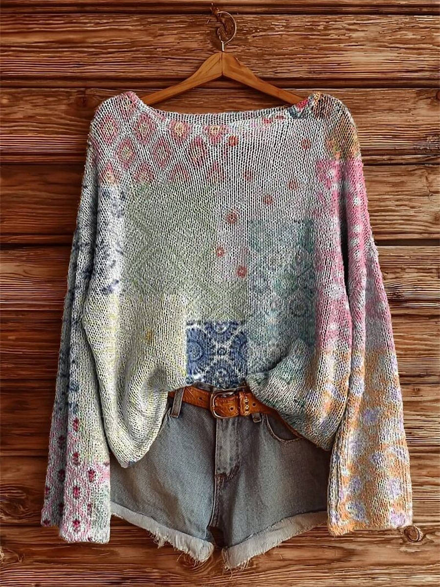 Women's Vintage Ethnic Floral Tattoo Pattern Art Print Casual Pullover Sweater