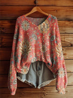 Women's Retro Ethnic Totem Art Pattern Print Casual V Neck Pullover Sweater
