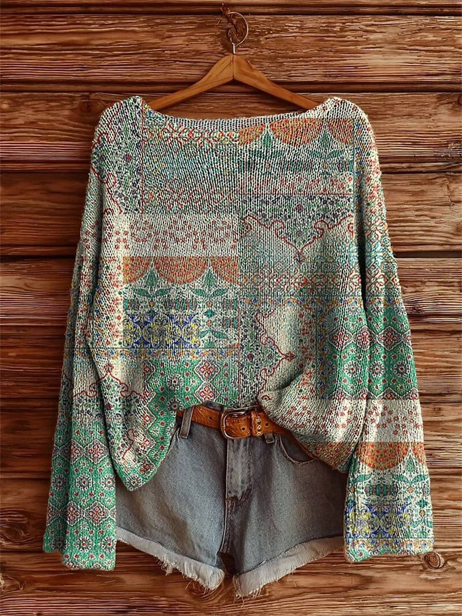 Women's Ethnic Floral Embellished Patchwork Pattern Art Print Casual Pullover Sweater