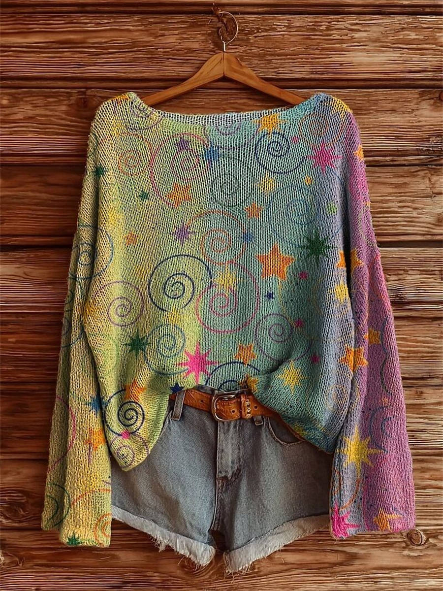 Women's Colorful Vertical Stripes Star Pattern Art Print Casual Pullover Sweater