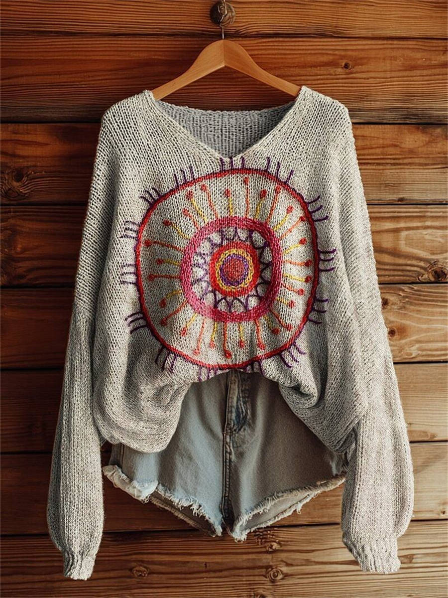 Women's Line Embroidery Print Art Casual Pullover Sweater