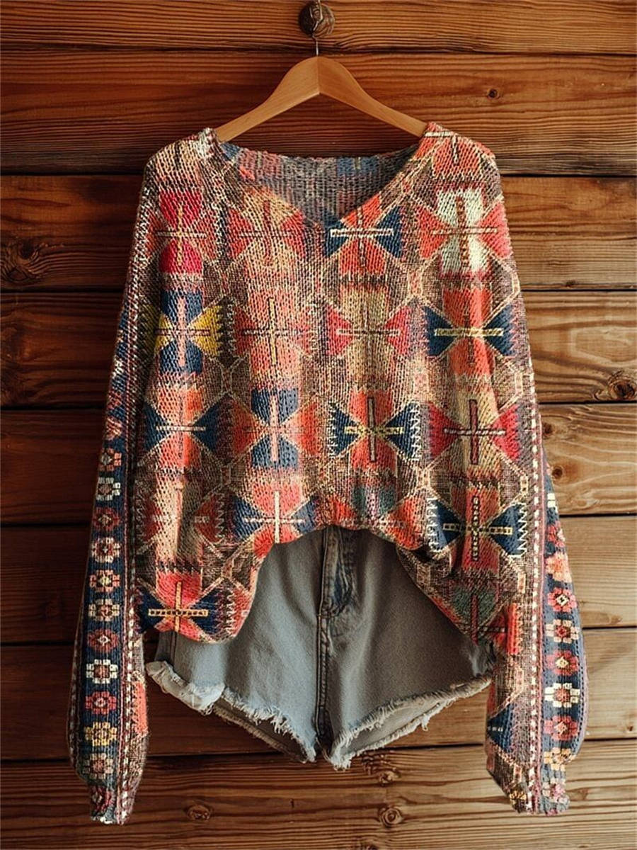 Women's National Totem Print Casual V Neck Pullover Sweater
