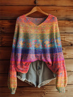 Women's Retro Ethnic Colorful Floral Pattern Print Casual Pullover Sweater