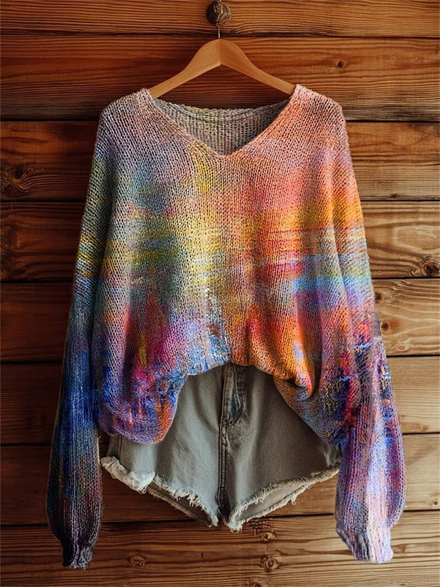 Women's Colorful Swoosh Pattern Art Print Casual Pullover Sweater